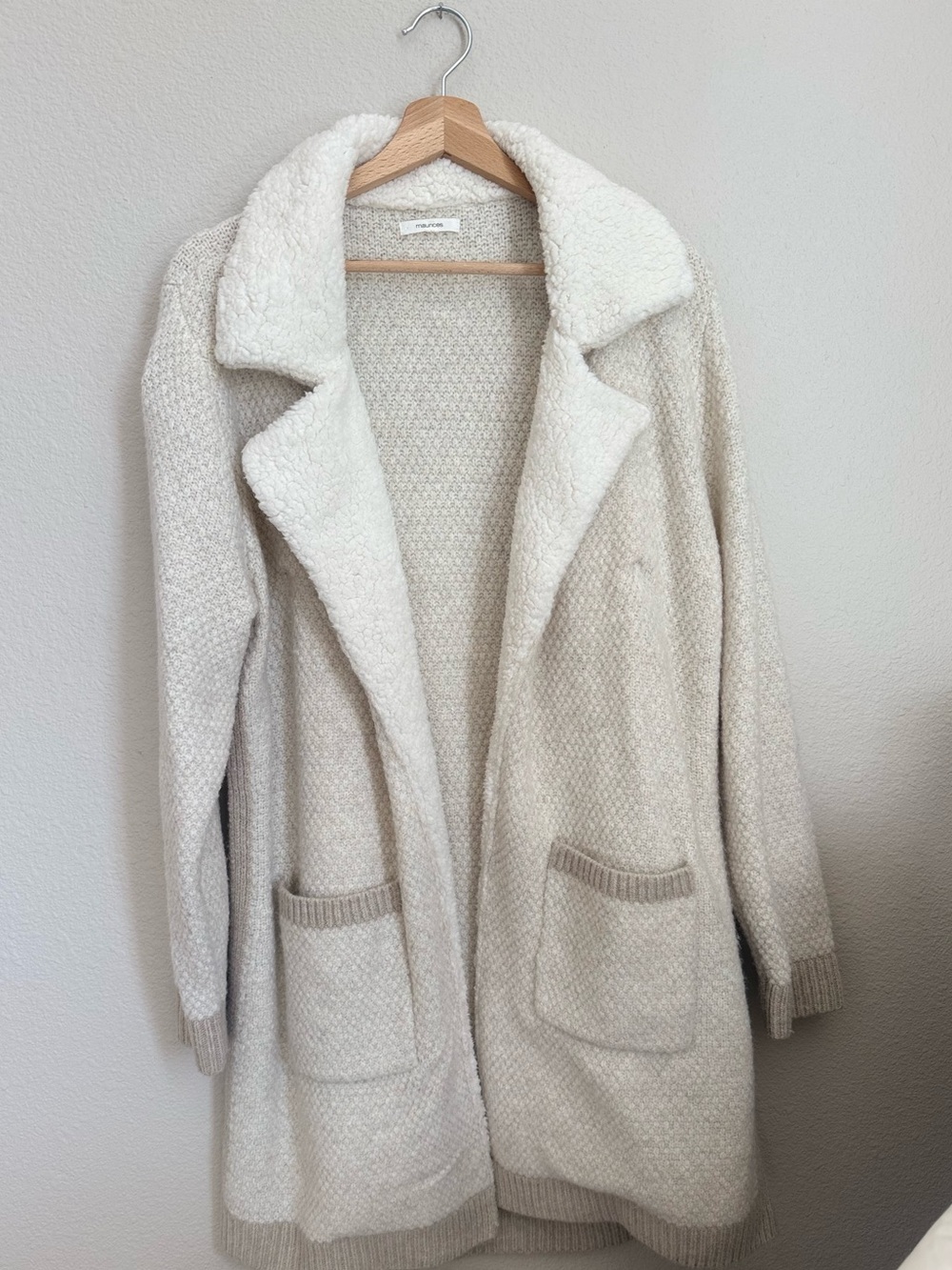Maurices Cream Open-Front Knit Cardigan with Sherpa Collar